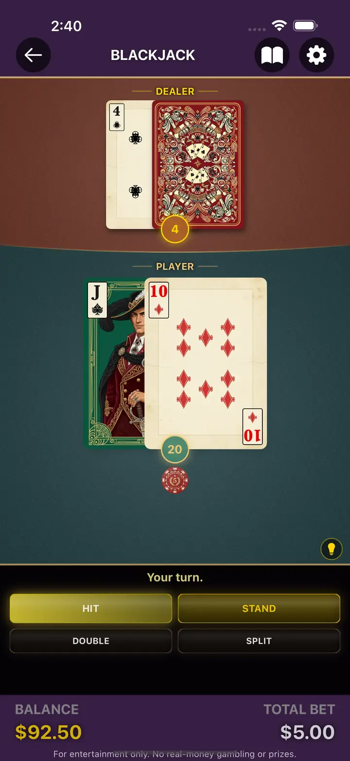 Blackjack hand in progress with hit, stand, double, and split buttons