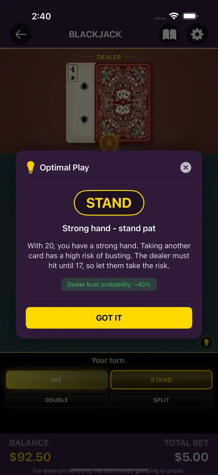 Blackjack optimal play hint explaining why to stand on 20 with the dealer bust probability