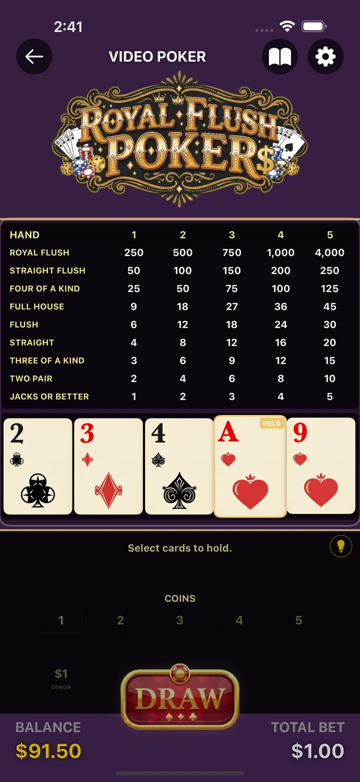Video poker hand with the full Jacks or Better pay table