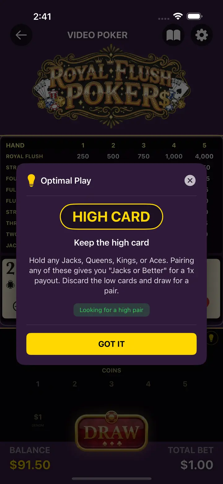 Video poker hint recommending to keep the high card